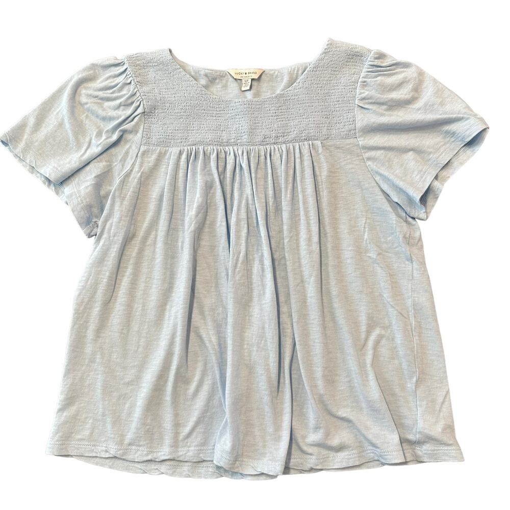 Lucky Brand Womens knit top pale blue with smocked neckline Small